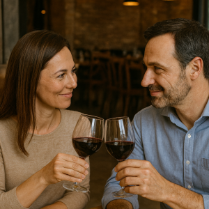 Pareja de huéspedes cenando en Ecohotel Talca